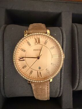Fossil Women's Rose Gold Dial Watch with Taupe Leather Strap